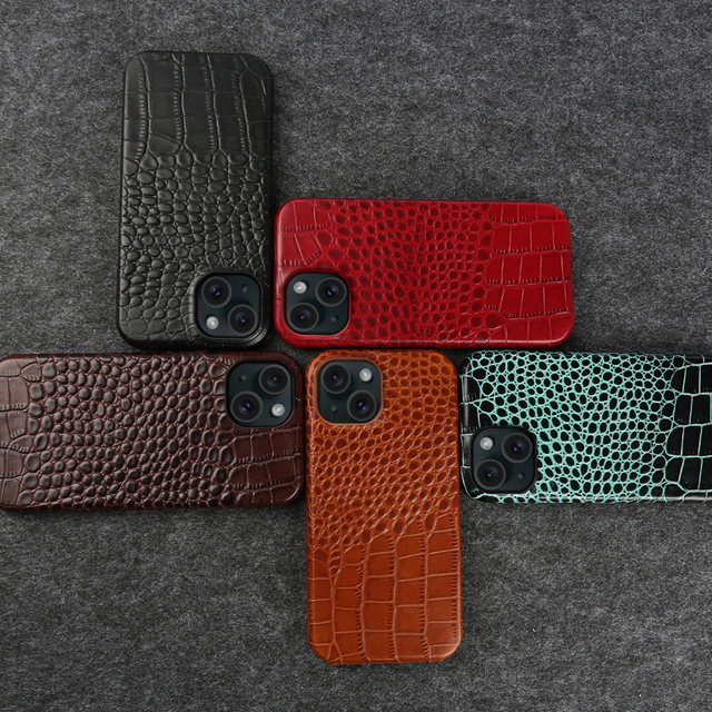 Half Surrounded Full Grain Leather for iPhone 12 13 14 15 16 Pro Max Holder Cover Crocodile Pattern Leather Cell Phone Case