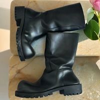 Bottes de cowboy occidentales mi-mollet en cuir PU noir à talons bas pour femmes, personnalisables, pour l'automne et l'hiver, avec bout large et cheville haute, vente en gros