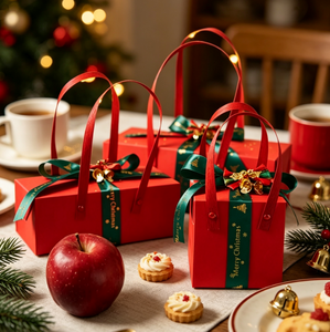 Caja de Regalo Roja Navideña con Cinta Verde, Caja de Embalaje Personalizada con Logotipo para Regalos de Frutas en Nochebuena - Product Image 6