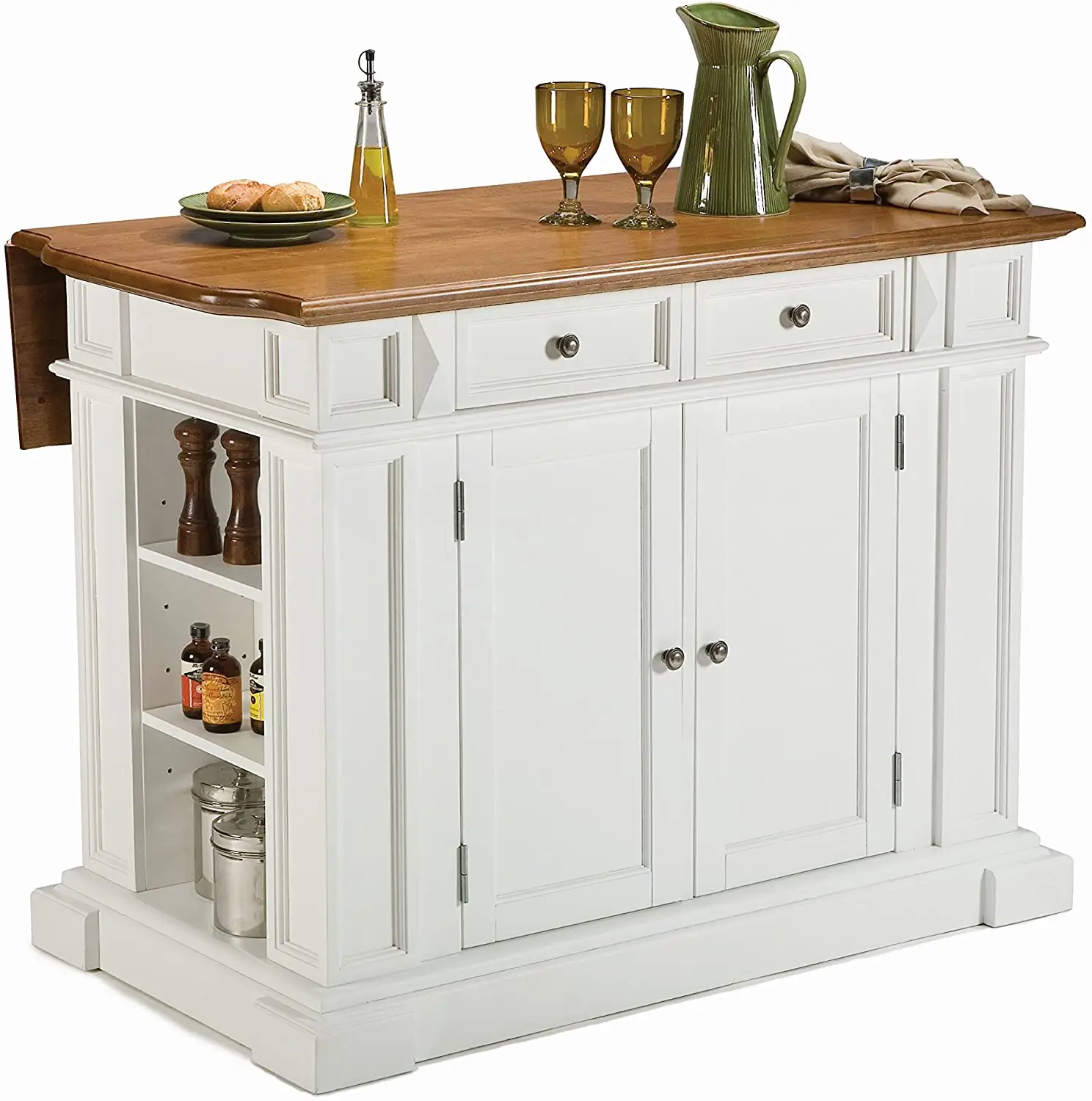 Americana Kitchen Island with Wood Top and Drop Leaf Breakfast Bar, Storage with Drawers and Adjustable Shelves