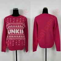Pull de Noël magenta à col rond, jacquard avec lettrage Dunkin, motif flocon de neige et sapin, tricot d'hiver pour les fêtes