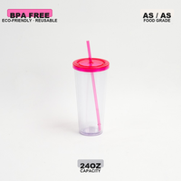 Gobelet isotherme de voyage 24oz en plastique à double paroi transparent pour boissons froides avec couvercle et paille, personnalisable avec logo