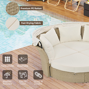 Outdoor Patio Daybed Wicker Rattan Round Sofa with Retractable <b>Canopy</b> 4 Pillows for Garden Lawn - Product Image 4