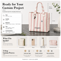 Sac fourre-tout en toile rose moyen personnalisé avec logo, poignée courte et imprimé rayé pour campagne publicitaire, fabrication OEM en gros
