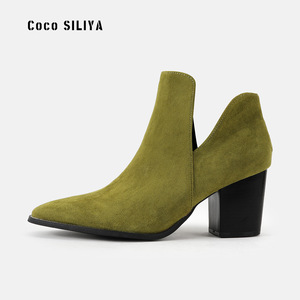 Bottines à bout pointu, talon épais, en daim, à enfiler, tendance mode automne, bottes pour femmes - Product Image 4