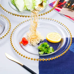 New Design 13 Inch Plastic Melamine Plate Gold Transparent Beaded Rimmed Wedding Charger Plate