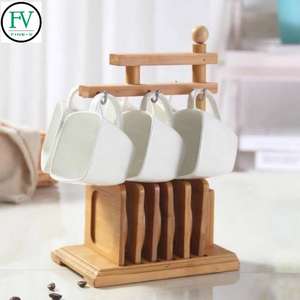 Portabicchieri in bambù <span class=keywords><strong>e</strong></span> set di tazze da <span class=keywords><strong>caffè</strong></span> <span class=keywords><strong>e</strong></span> <span class=keywords><strong>piattini</strong></span> in ceramica tazze quadrate in pura porcellana bianca - Product Image 4