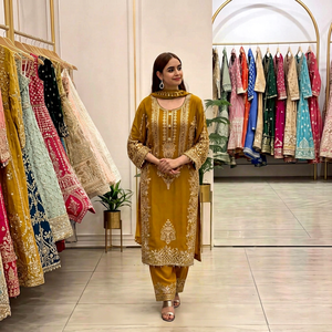 Robe Anarkali brodée couleur moutarde pour femme Musho, style traditionnel indien et pakistanais, longueur cheville, en rayonne, coupe classique - Product Image 1