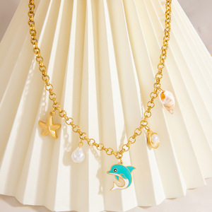 Collar de Varias Capas Serie Océano, Aleación de Zinc, Color Dorado, Cuentas de Turquesa, Dije de Estrella y Delfín, Joyería de Moda - Product Image 4
