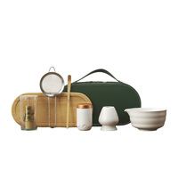 Ensemble de cérémonie du thé portable : Bol à matcha en grès minimaliste moderne avec support en bambou, fouet à thé et bol pour poudre de matcha