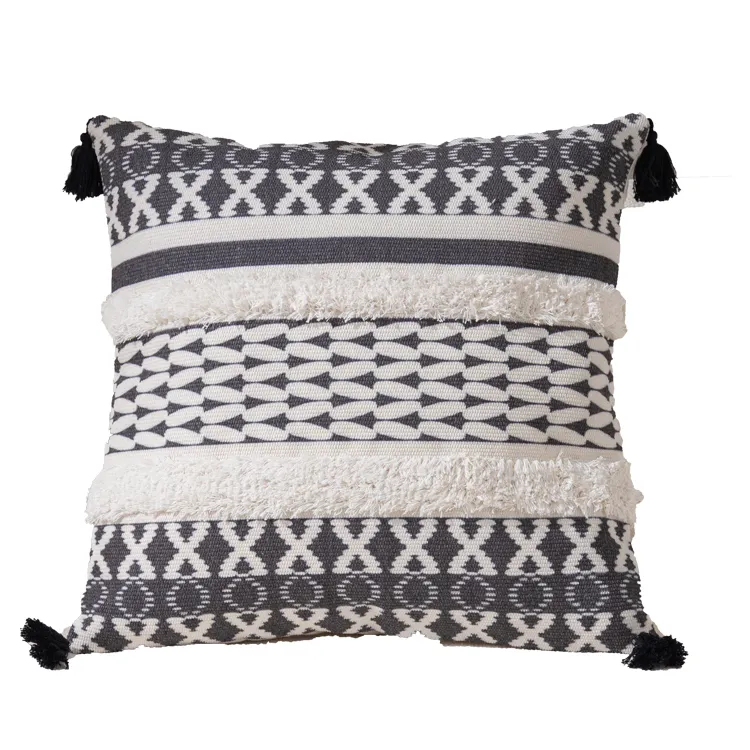 Wholesale Boho Tufted print black white decorative Cushion Covers with Corner Tassel