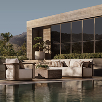 Ensemble de canapés modulaires modernes d'extérieur avec structure en bois massif, chaise longue de jardin rembourrée, mobilier de patio sectionnel pour villas et complexes hôteliers