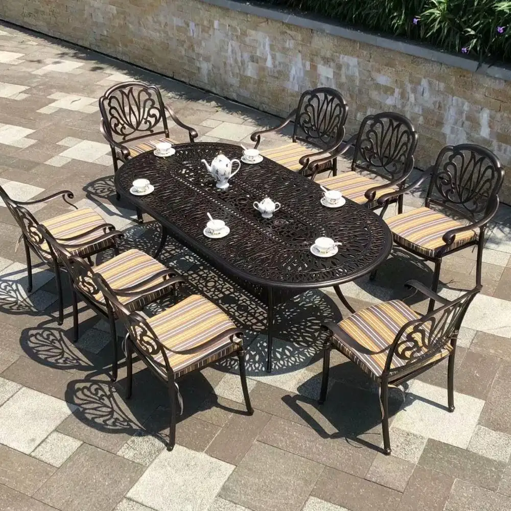 Patio al aire libre muebles de aluminio fundido de sillas y mesa de jardín mesa de comedor de Metal conjuntos balcón muebles de ocio barbacoa