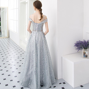 Elegant Off-Shoulder Evening Gown For Women Silver Gray A-Line Embroidered Organza Long Dress Empire Waistline Formal Wear - Product Image 4