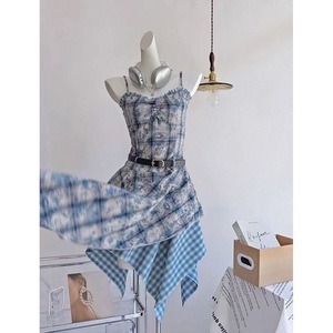 Blue Tie Dye Patchwork Plaid Suspender Dress Women A Line Tight Waist Asymmetric Casual Dress Daily Wear - Product Image 2
