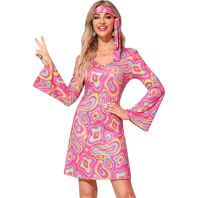 Robe disco bling-bling rose des années 60 et 70 avec bandeau