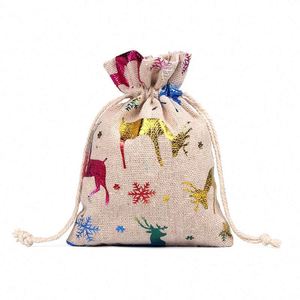Bolsas de Regalo de Algodón y Lino con Cordón, Diseño de Copos de Nieve y Muñecos de Nieve Navideños, Estampado en Caliente, Disponibles en Fábrica - Product Image 4