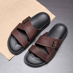 Summer Genuine Leather men's shoes Open Toe Anti-Slip EVA Outsole Casual flat Sandals Brown Buckle Design Men's Slides <b>Slippers</b> - Product Image 1