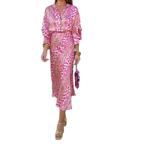 Conjunto de Falda Midi Bohemio Chino para Mujer, Cuello en V, Ajuste Holgado, Transpirable, Primavera-Otoño, con Botones Digitales, Venta al por Mayor, Moda Étnica - Product Image 1