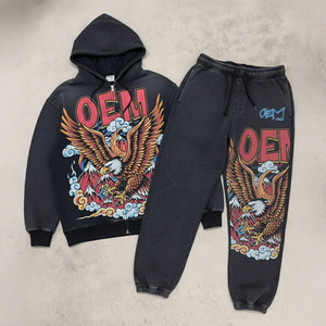 Digital Printing Streetwear Black OEM Custom LOGO Printing Heavyweight 400 GSM Zipper 2-piece Men's Hoodie Set - Product Image 1