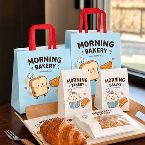 Sacs en papier kraft bleu avec logo personnalisé et poignées plates pour boulangerie, pain, gâteaux, pâtisseries, emballages alimentaires à emporter, sacs de shopping en gros - Product Image 1