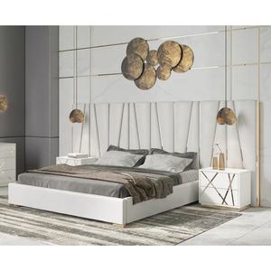 最新ホワイトデザインモダン高級布張りベッドルーム家具セットフルサイズワイドヘッドボード白革キングサイズベッド - Product Image 2