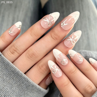 24 faux ongles à presser en ABS, design minimaliste français, rose nude transparent, nœud 3D, longs, forme amande, élégants, réutilisables, pour mariée