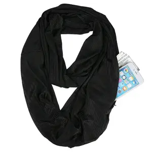 Wholesale Solid Color Knitting Travel Infinity Scarf with Secret Pocket Multifunctional Snood Round Circular Scarf