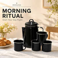 Cafetière en émail noir avec logo personnalisé et tasses, ensemble bouilloire à thé vintage pour le camping, vente en gros, cadeaux à marque privée, packs de vente au détail