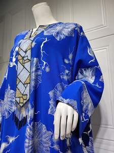 Vestito estivo blu musulmano donna Abaya fiori oro caldo con perline barba ciondola stile etnico vento comodo abito traspirante - Product Image 2
