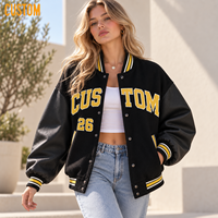 Blouson Bomber Varsity Femme Brodé avec Appliques, Patchwork, Passepoil, Coutures, Manches Contrastantes, Boutons Pression et Bordures Côtelées – Style Streetwear