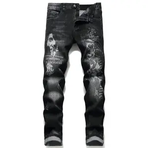 Men's 3D Printed Jeans Slim Straight Stretch Denim Pants Black,Slim Black Abstract Paint Printed Men Jeans,Men's Printed Jeans