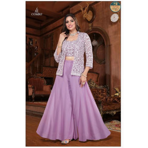 Conjunto de Traje Palazzo Indo-Occidental de Diseñador para Mujer con Chaqueta Bordada y Top Corto para Bodas y Fiestas - Product Image 1