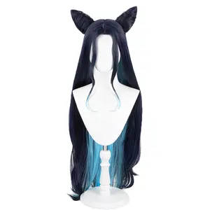 Parrucca Cosplay Anime nera per donne adulte soffice parrucca lunga e dritta in Costume sintetico per ragazze (nero blu)
