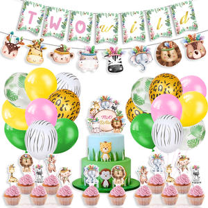 Ensemble de fête sur le thème de la <span class=keywords><strong>jungle</strong></span> florale, bannière d'anniversaire, décoration de gâteau, ballon, décoration de fête de style bohème - Product Image 1