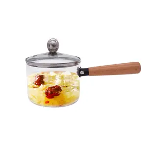 Hohe borosilikatglas Küche Kochgeschirr Set Mini Feuer Topf Glas Suppe Kochen Topf Mit Holz Griff