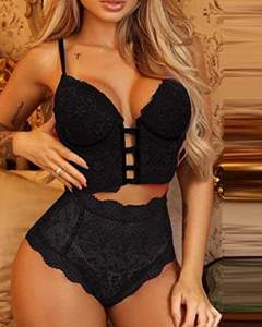 Lingerie Sexy da Donna con Scollo a V Profondo, Pizzo Trasparente, Schiena Scoperta e Vita Alta in Nero - Product Image 6