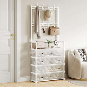 Étagère à chaussures et chapeaux en métal à 5 niveaux avec housse anti-poussière, organisateur de chaussures, étagère de rangement pour manteaux et vêtements pour entrée, salon, usage domestique - Product Image 2