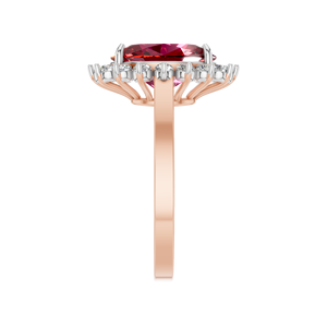 Bague solitaire luxueuse en rubis de 5 carats, taille ovale, avec accents de diamants naturels, clarté SI, couleur GH, sertie à griffes, or rose massif pour - Product Image 6