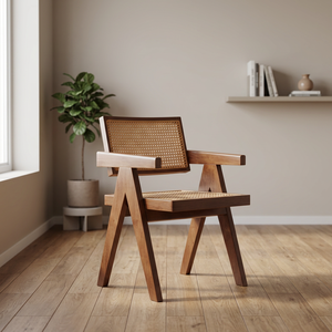 Chaise de salon moderne en bois avec assise et dossier en rotin, design mi-siècle, fabriquée à la main pour l'ameublement de la maison - Product Image 1