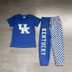 Toddler Kids Royal Blue Short Sleeve Top Blue <b>White</b> Checkered Jogger Pants <b>Set</b> Summer Casual Sport <b>2</b> <b>Piece</b> Children Outfit - Product Image 1