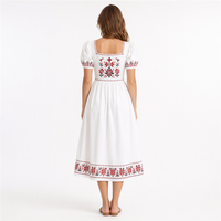 Robe décontractée pour femme, col carré, manches bouffantes, broderie au point de croix, robe midi, coton 220GSM, coupe trapèze, logo personnalisé, OEM, robe décontractée