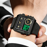 VA VA VOOM Jam Tangan Elektronik Fashion Bisnis Tali Kulit Tahan Air Jam Tangan Pria Tahan Air Tampilan Ganda Jam Digital