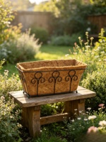 Jardinière rectangulaire noire en ciment avec doublure en fibre de coco, sculptée à la main, style américain, bac décoratif pour fenêtre, pot de fleurs de jardin