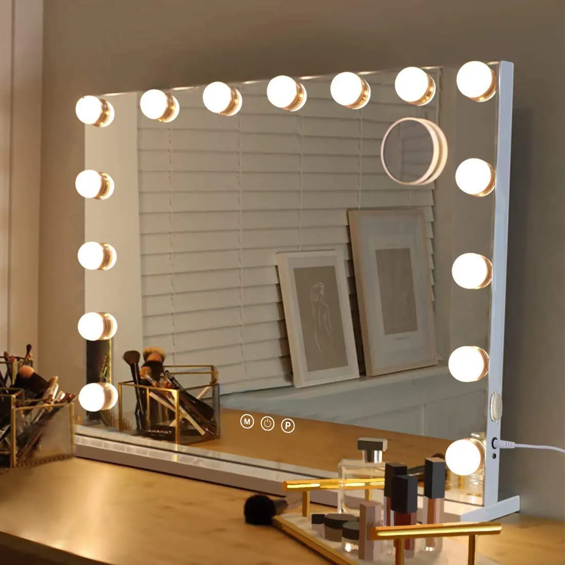 Cermin Rias Gaya Hollywood LED Cermin Rias, dengan Lampu LED 14 Sentuhan Peredup untuk Meja Rias