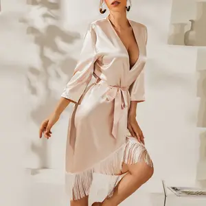 V-neck Bathrobe Woman Tassels Robe De Soiree Women Satin Robe