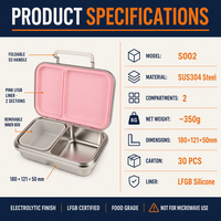 Boîte à lunch mignonne en acier inoxydable 304 avec couvercle hermétique anti-fuite, chauffable, 2 compartiments, boîte bento pour enfants et nouveau-nés, utilisation scolaire