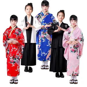 Traditional Peacock Flower Long Japanese Kimono Kids Dress Yukata Haori Costume JPFG-001