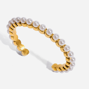 Pearl Bracelet Women Gold Tone White Pearl Bezel Setting Open Cuff Everyday Wear Jewelry - Product Image 1