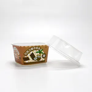עיצוב מותאם אישית מיכל פלסטיק בצורת ריבוע כוס IML עם מכסה ליוגורט/יוגורט/פודינג אורז/לחם/גלידה